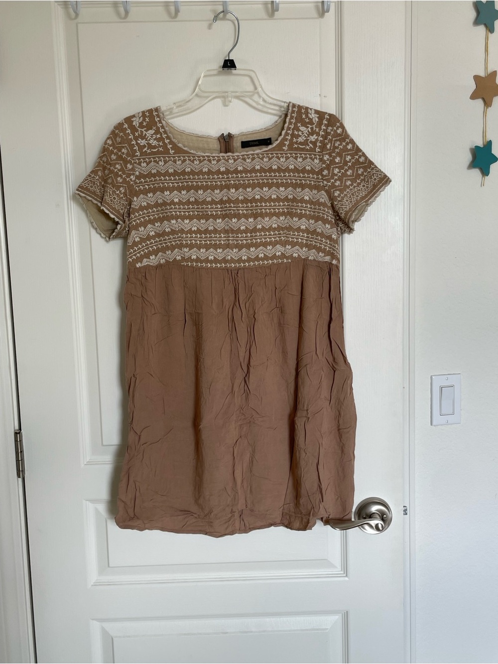 THML Beige and Cream Short Sleeve Embroidered Babydoll Dress